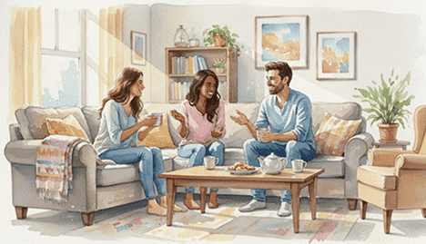 Healthy Conversations for Personal Growth Friends having a meaningful conversation to support holistic personal growth and self awareness