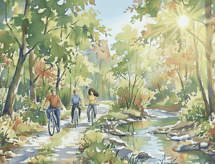 Nature Inspired Family Wellness Journey Family enjoying a peaceful cycling activity in nature for holistic personal growth