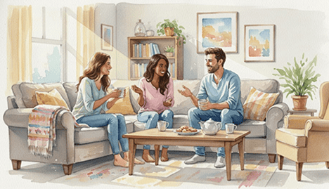 Healthy Conversations for Personal Growth Friends having a meaningful conversation to support holistic personal growth and self awareness